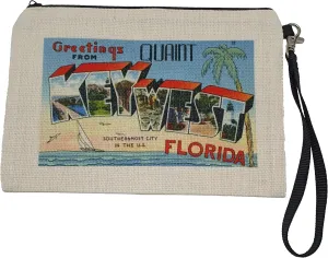 Key West Florida Postcard Style Wristlet Ladies Handbag Small Purse Retro Fashion Accessory for Holiday Vacation Double Sided and Zippered