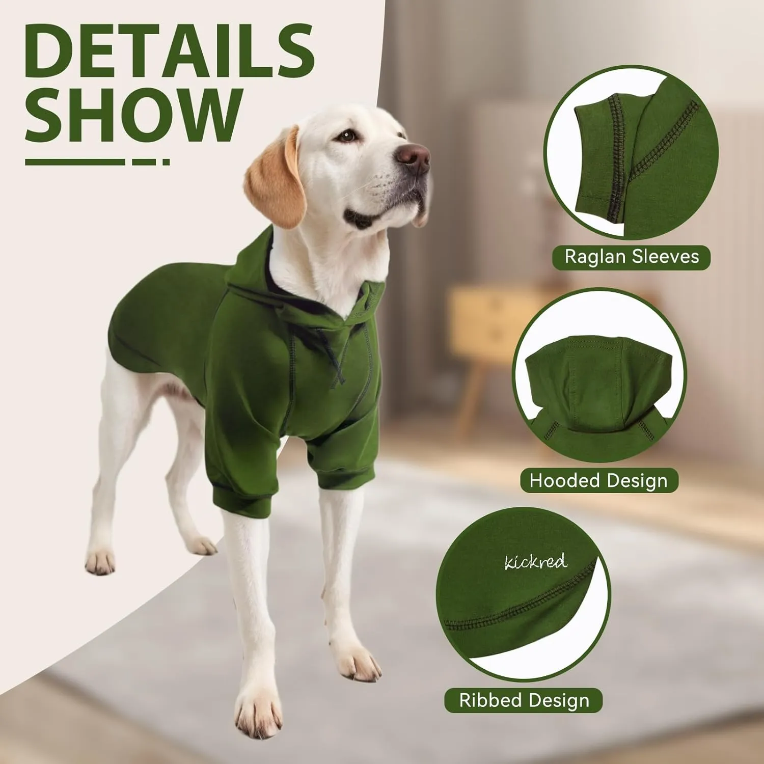 Kicred Basic Dog Hoodie, Premium Dog Sweater Pullover, Soft & Comfy Cotton Pet Clothes Hoodies with Hat and Leash Hole - Army Green (XX-Large)