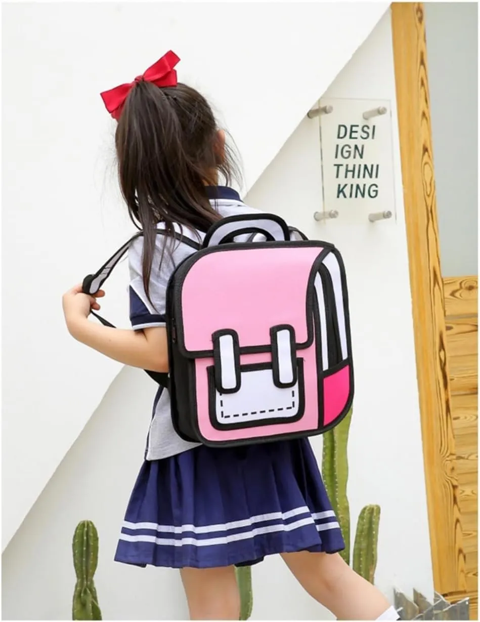 Kid Girls Boys Jump Style 3D Backpack 2D Drawing Anime Comic Cartoon Backpack Daypack (pink)