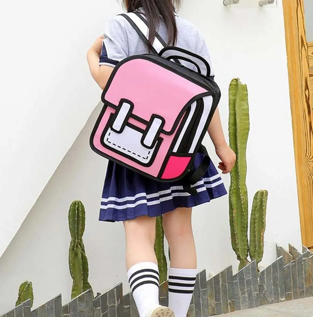 Kid Girls Boys Jump Style 3D Backpack 2D Drawing Anime Comic Cartoon Backpack Daypack (pink)