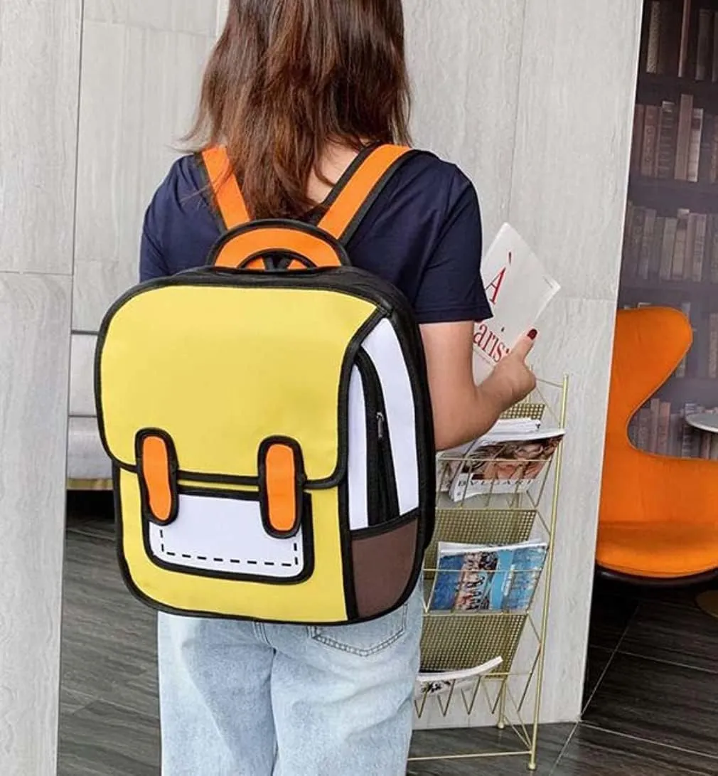 Kid Girls Boys Jump Style 3D Backpack 2D Drawing Anime Comic Cartoon Backpack Daypack (Yellow)
