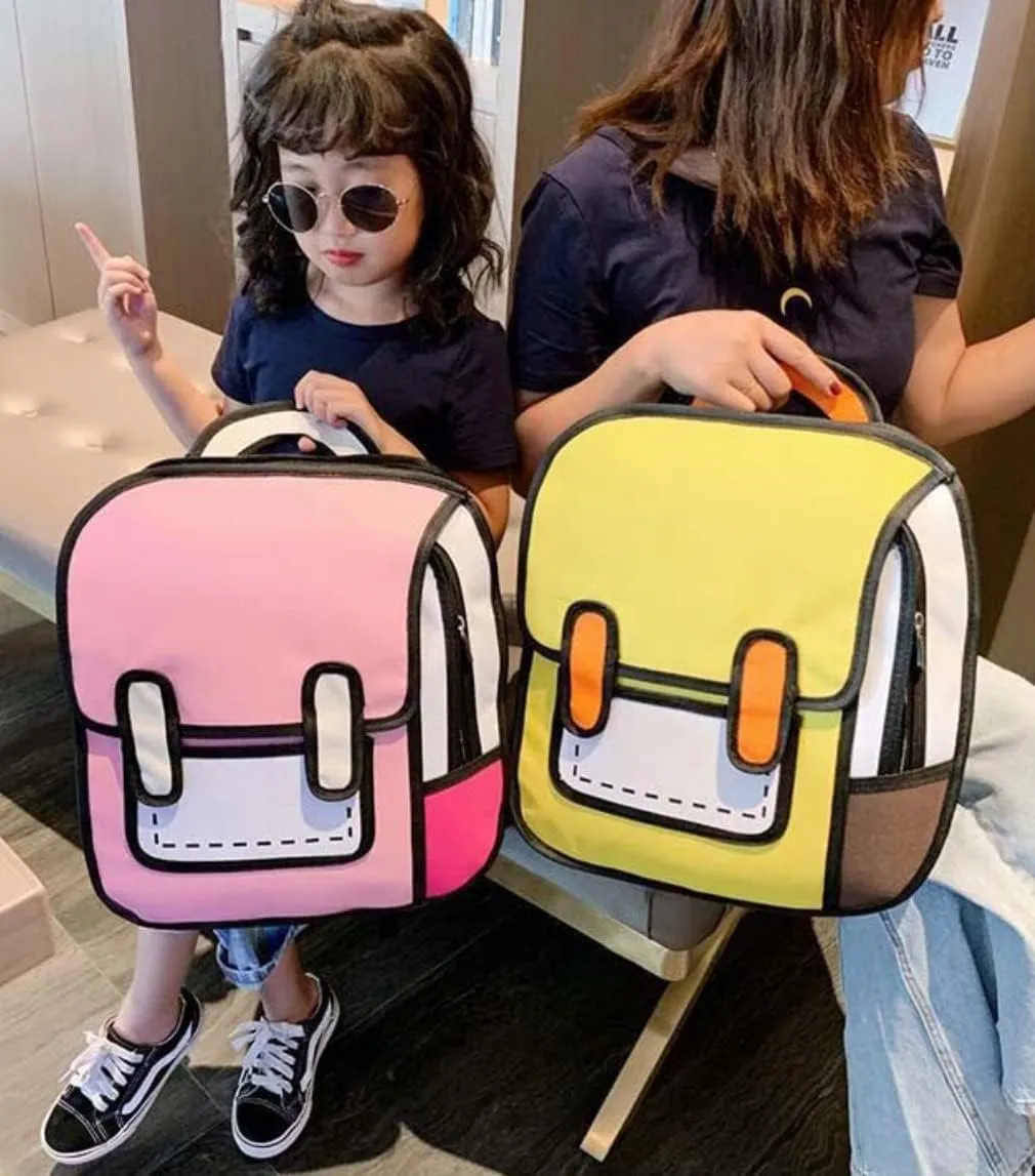 Kid Girls Boys Jump Style 3D Backpack 2D Drawing Anime Comic Cartoon Backpack Daypack (Yellow)