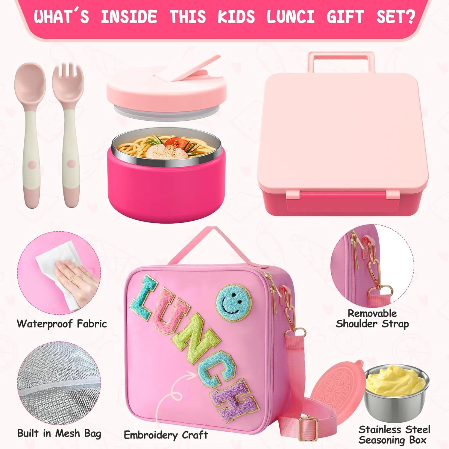Kids Bento Lunch Box with 8oz Soup Thermo, Kids Leakproof Lunch Food Containers with 4 Compartment,Insulated Hot Food Jar with Lunch Bag for School, Trvael (Pink)