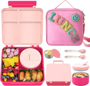 Kids Bento Lunch Box with 8oz Soup Thermo, Kids Leakproof Lunch Food Containers with 4 Compartment,Insulated Hot Food Jar with Lunch Bag for School, Trvael (Pink)
