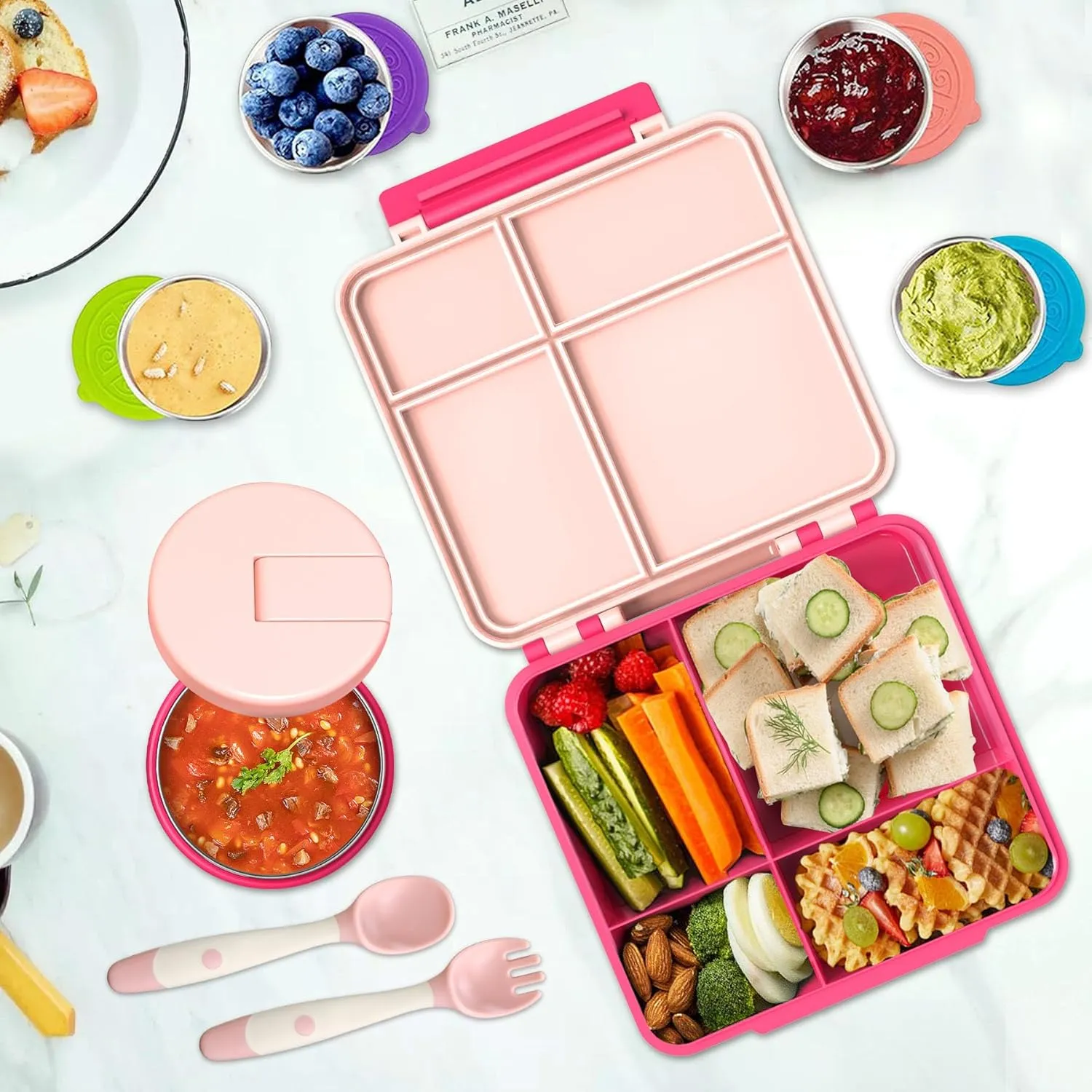 Kids Bento Lunch Box with 8oz Soup Thermo, Kids Leakproof Lunch Food Containers with 4 Compartment,Insulated Hot Food Jar with Lunch Bag for School, Trvael (Pink)