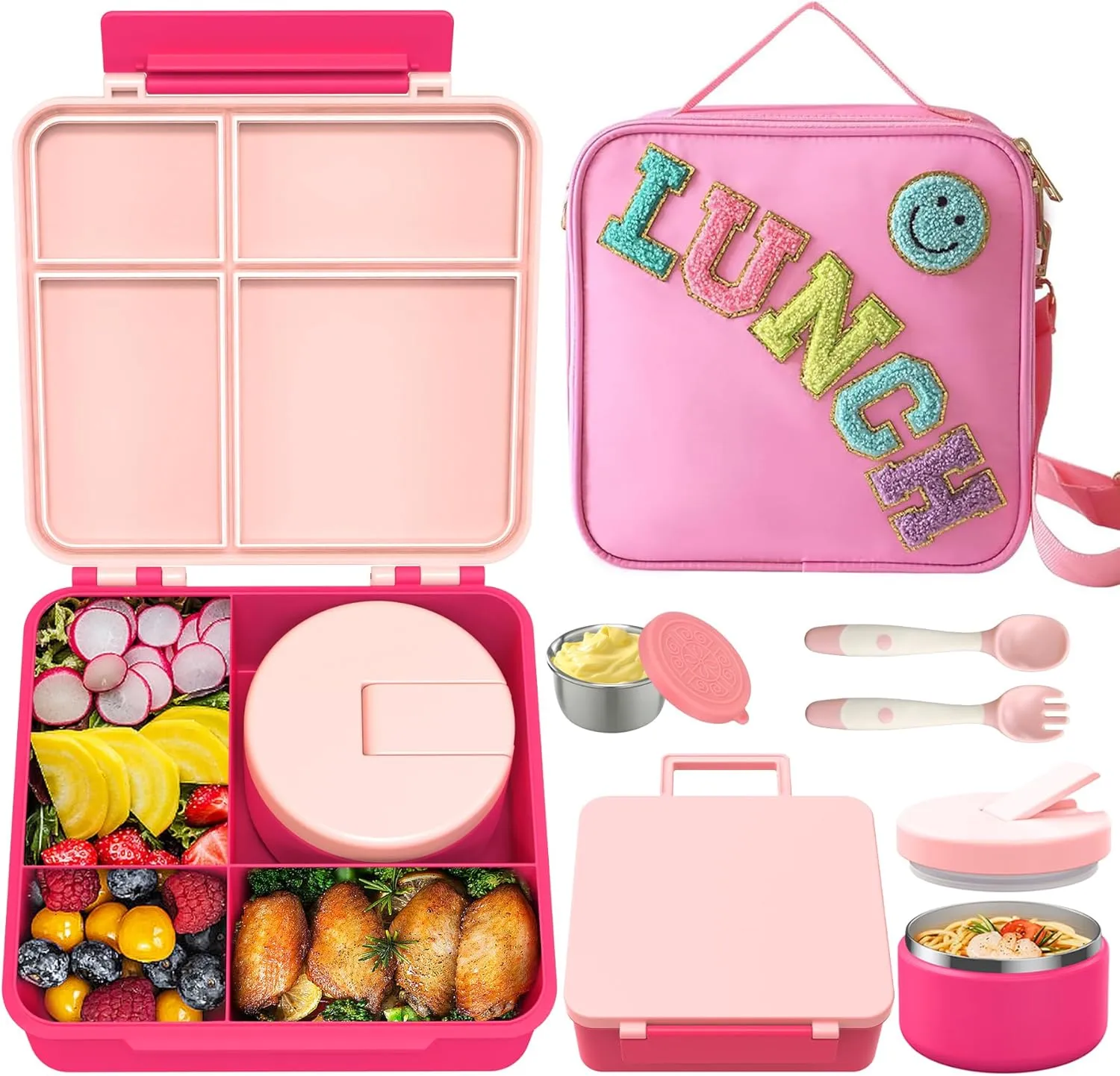 Kids Bento Lunch Box with 8oz Soup Thermo, Kids Leakproof Lunch Food Containers with 4 Compartment,Insulated Hot Food Jar with Lunch Bag for School, Trvael (Pink)