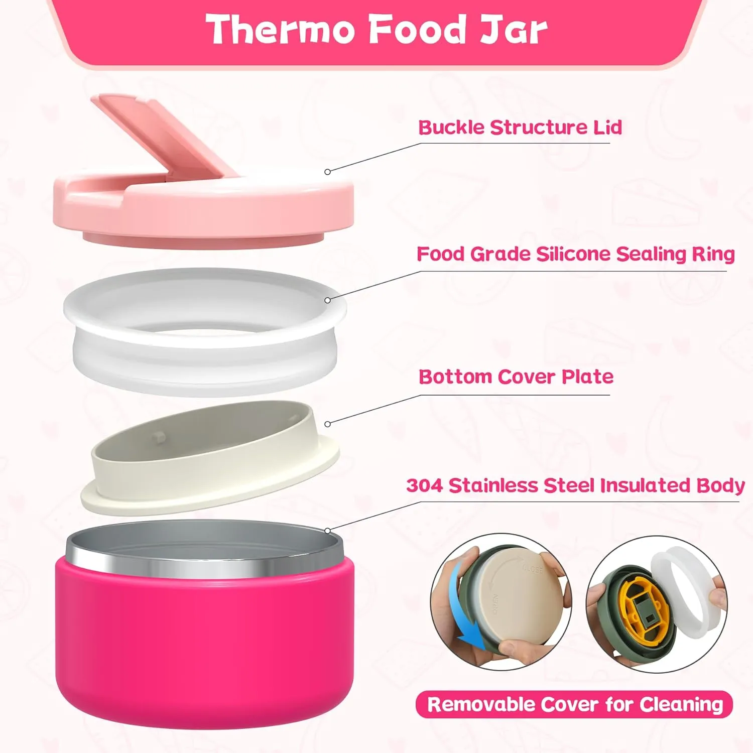 Kids Bento Lunch Box with 8oz Soup Thermo, Kids Leakproof Lunch Food Containers with 4 Compartment,Insulated Hot Food Jar with Lunch Bag for School, Trvael (Pink)