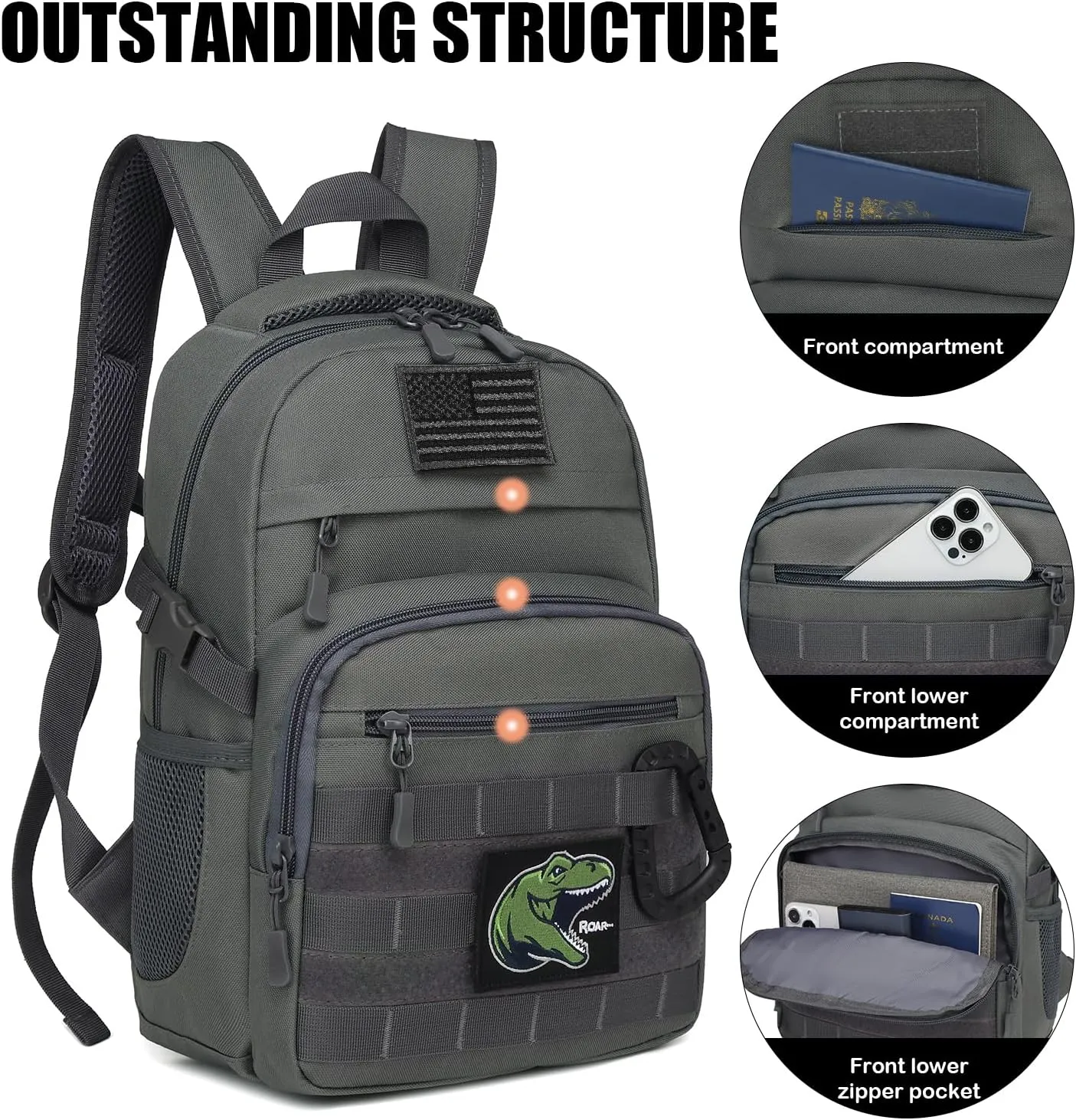 Kids Tactical Backpack Army Molle Bookbag Military Boys Backpack for School, Outdoor, Camping (Includes 2 Patches  1 Carabiner), Grey