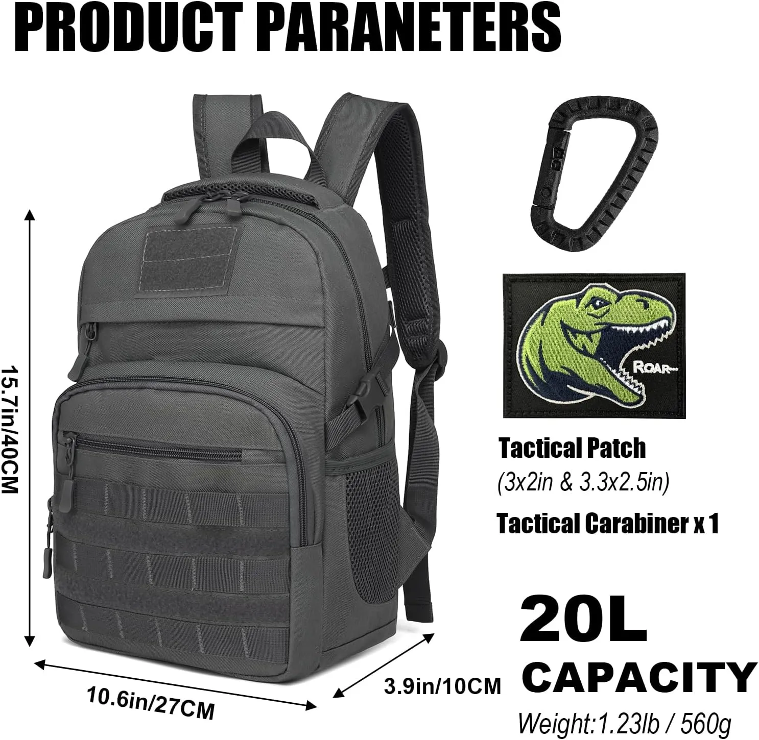 Kids Tactical Backpack Army Molle Bookbag Military Boys Backpack for School, Outdoor, Camping (Includes 2 Patches  1 Carabiner), Grey