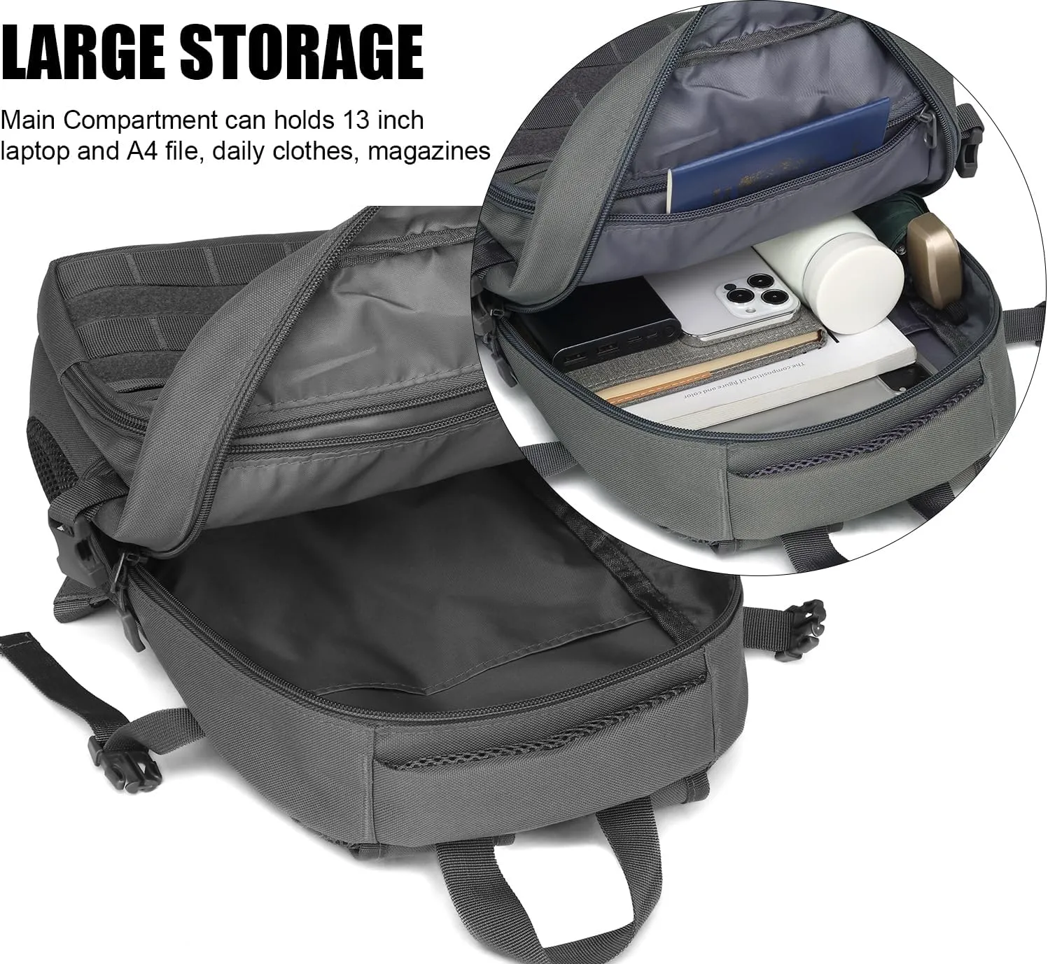 Kids Tactical Backpack Army Molle Bookbag Military Boys Backpack for School, Outdoor, Camping (Includes 2 Patches  1 Carabiner), Grey