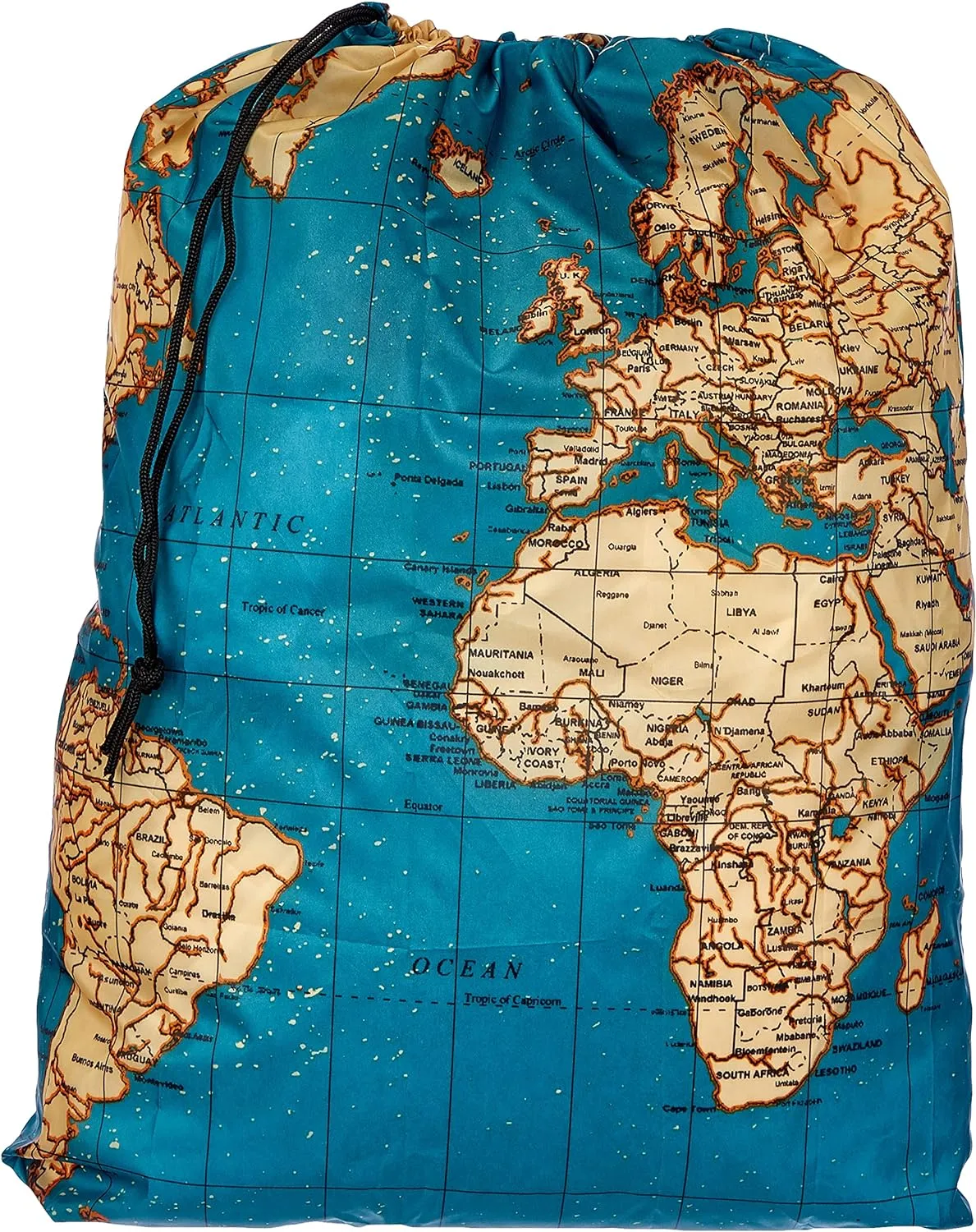 Kikkerland Travel-Size Laundry Bag, World Map Design Heavy Duty Laundry Bag, Polyester, Built-in Pouch, Inner Loop and Carabineer, Multicolor