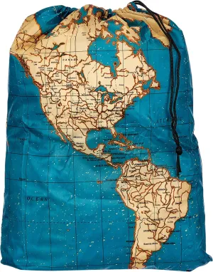 Kikkerland Travel-Size Laundry Bag, World Map Design Heavy Duty Laundry Bag, Polyester, Built-in Pouch, Inner Loop and Carabineer, Multicolor