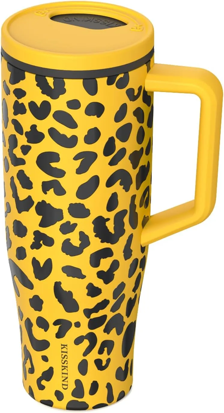 KISSKIND 40 oz Tumbler with Handle and Straw | 100% Leakproof Insulated Tumbler with Lid and Straw | Stainless Steel Water Bottle | Cup Holder Friendly Base | Cheetah