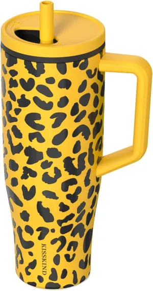 KISSKIND 40 oz Tumbler with Handle and Straw | 100% Leakproof Insulated Tumbler with Lid and Straw | Stainless Steel Water Bottle | Cup Holder Friendly Base | Cheetah