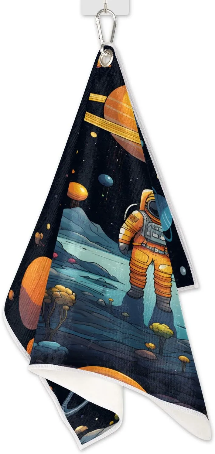 KOBLEN Microfiber Golf Towel with Heavy Duty Carabiner Clip, Astronaut Planet Explorer 24x15 Inch Quick Dry Absorbent Towel for Golf Clubs Balls, Golf Bag Accessories for Men Women,1 Pack