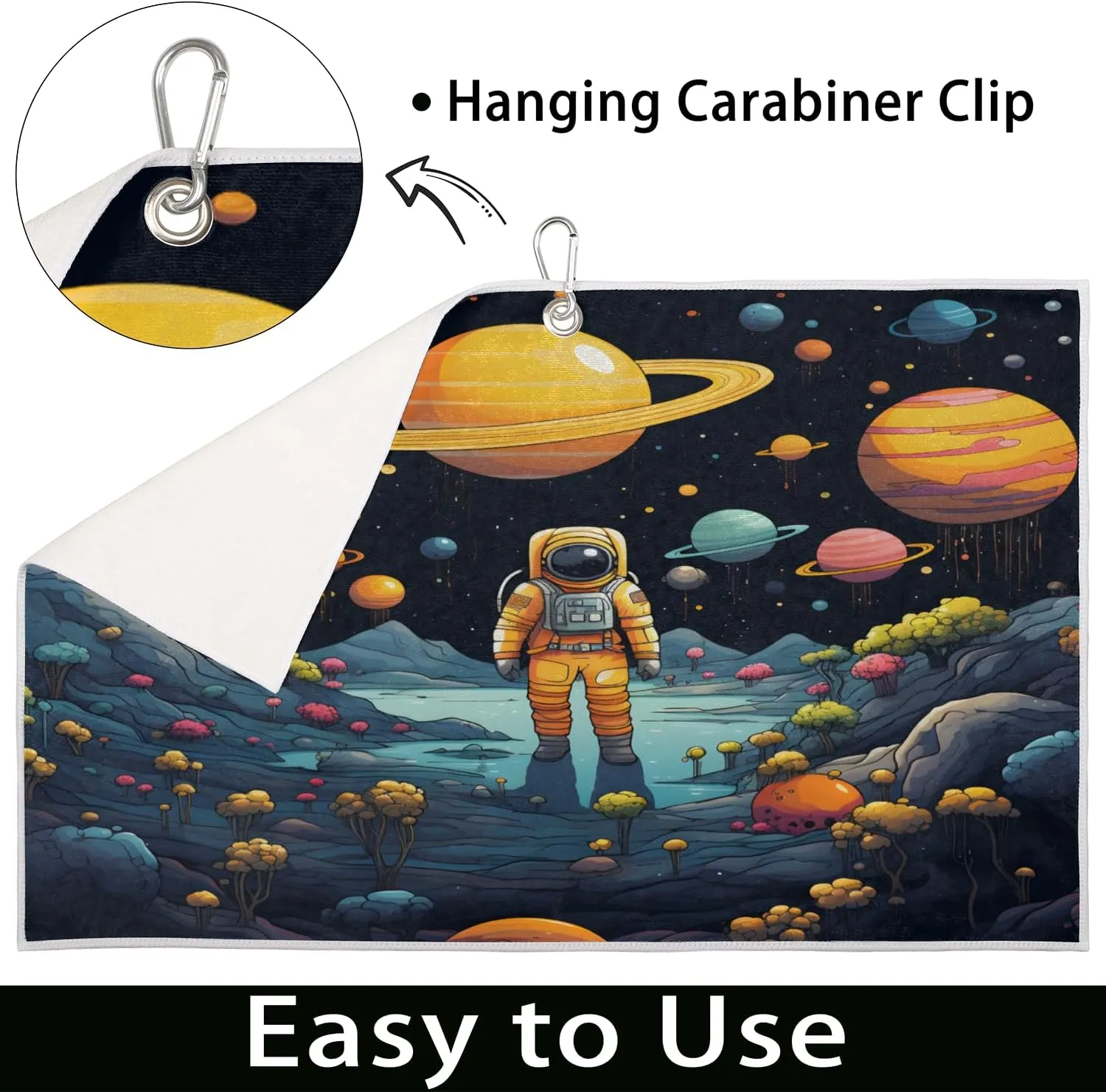 KOBLEN Microfiber Golf Towel with Heavy Duty Carabiner Clip, Astronaut Planet Explorer 24x15 Inch Quick Dry Absorbent Towel for Golf Clubs Balls, Golf Bag Accessories for Men Women,1 Pack