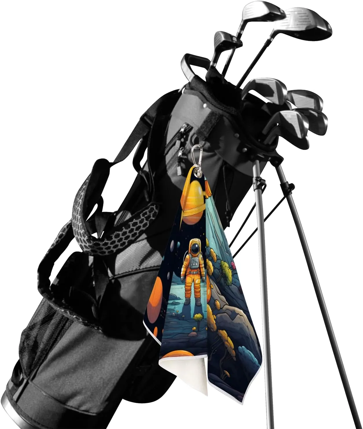 KOBLEN Microfiber Golf Towel with Heavy Duty Carabiner Clip, Astronaut Planet Explorer 24x15 Inch Quick Dry Absorbent Towel for Golf Clubs Balls, Golf Bag Accessories for Men Women,1 Pack