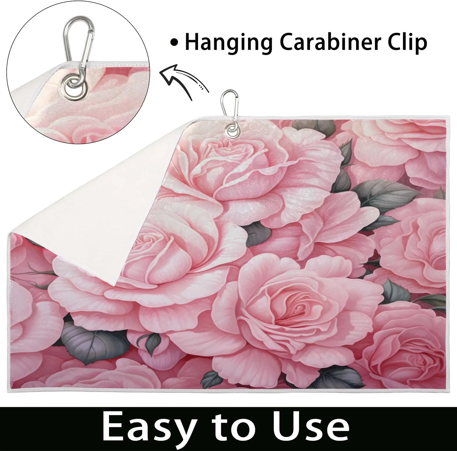 KOBLEN Microfiber Golf Towel with Heavy Duty Carabiner Clip, Pastel Pink Rosebed 24x15 Inch Quick Dry Absorbent Towel for Golf Clubs Balls, Golf Bag Accessories for Men Women,1 Pack