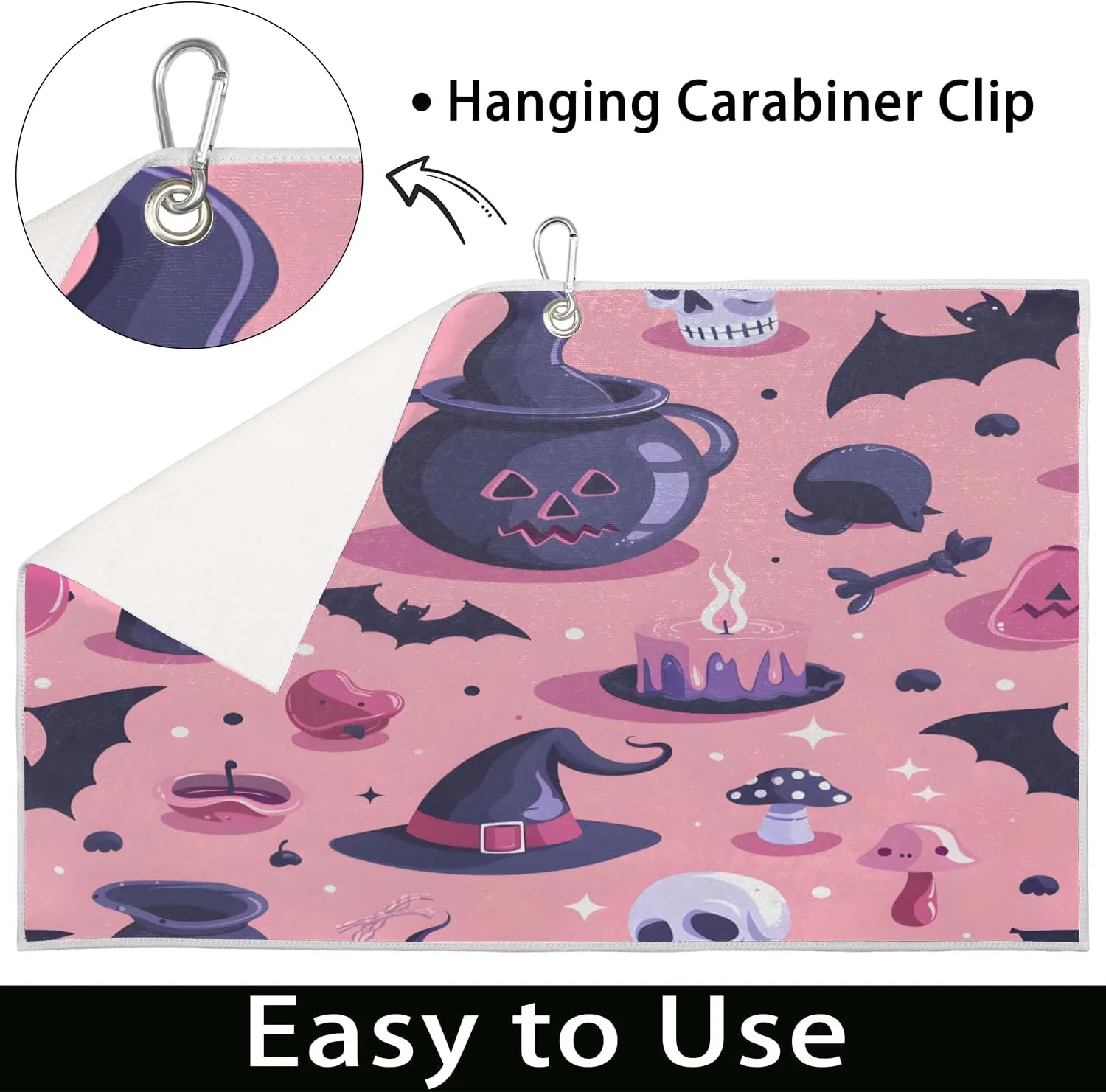 KOBLEN Microfiber Golf Towel with Heavy Duty Carabiner Clip, Pink Halloween Elements 24x15 Inch Quick Dry Absorbent Towel for Golf Clubs Balls, Golf Bag Accessories for Men Women,1 Pack