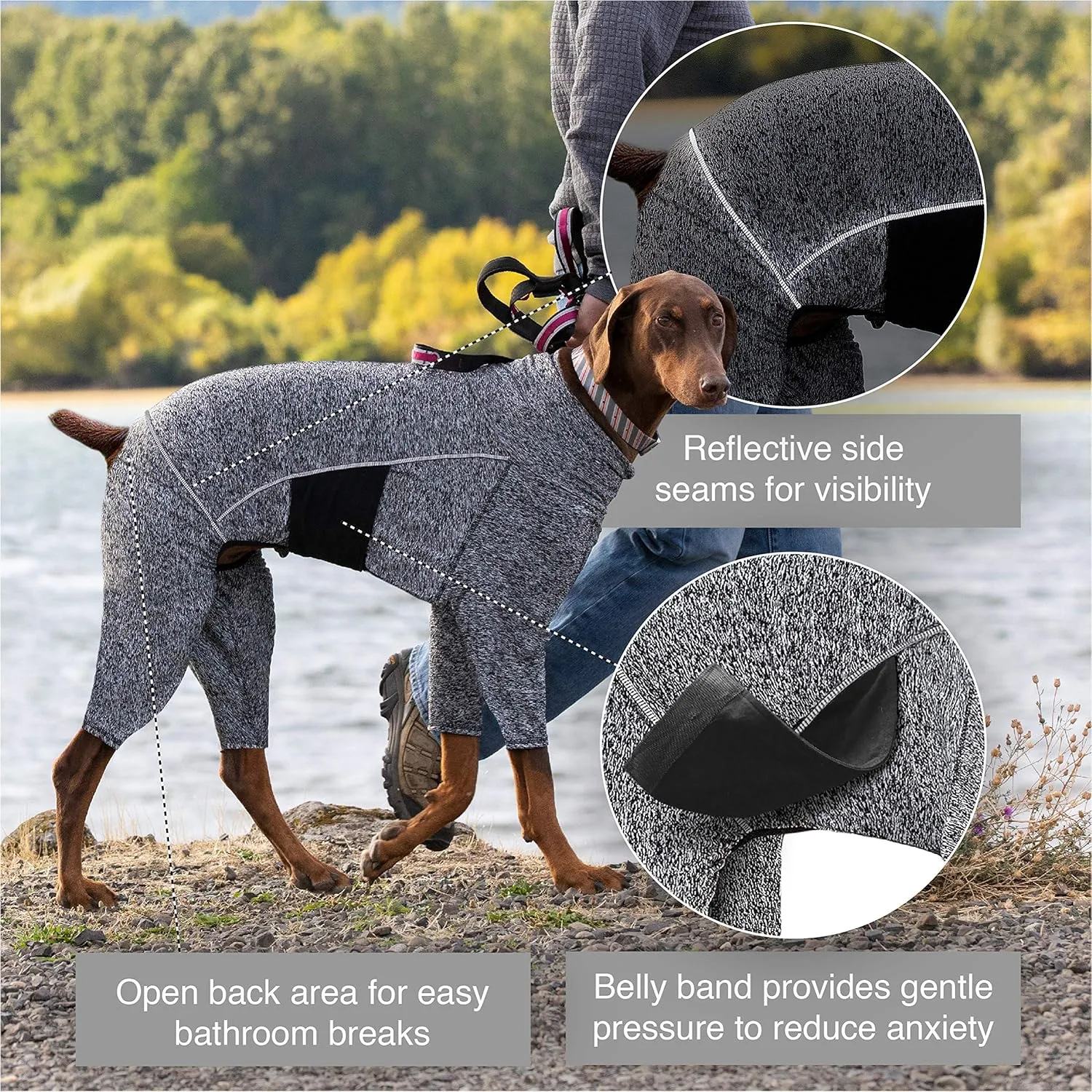 Kurgo Dog Onesie Body Warmer, Bodysuit for Dogs, Recovery Suit, Pet Pajamas, Reduce Anxiety, Contains Shedding, Leash Opening, Reflective, Stowe Base Layer, Heather Black/Grey (Large)