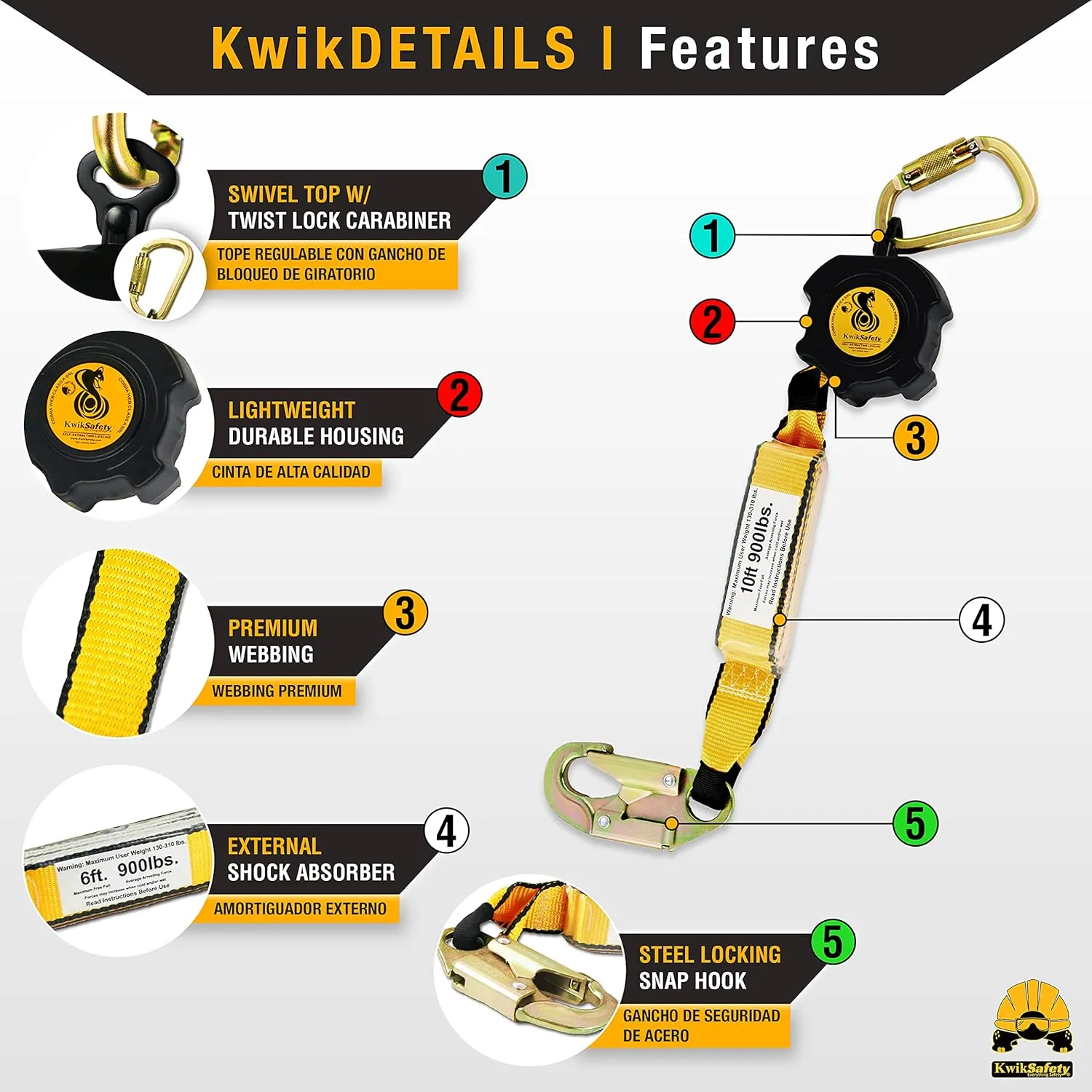KwikSafety - Charlotte, NC - Gibbon Grip 3 ft [System] Anchor Cross Arm Strap, 10’ Self Retracting Lifeline 6’ Safety Lanyard 3 D-Ring Harness 10 lb Tool Lanyard Fall Arrest OSHA ANSI