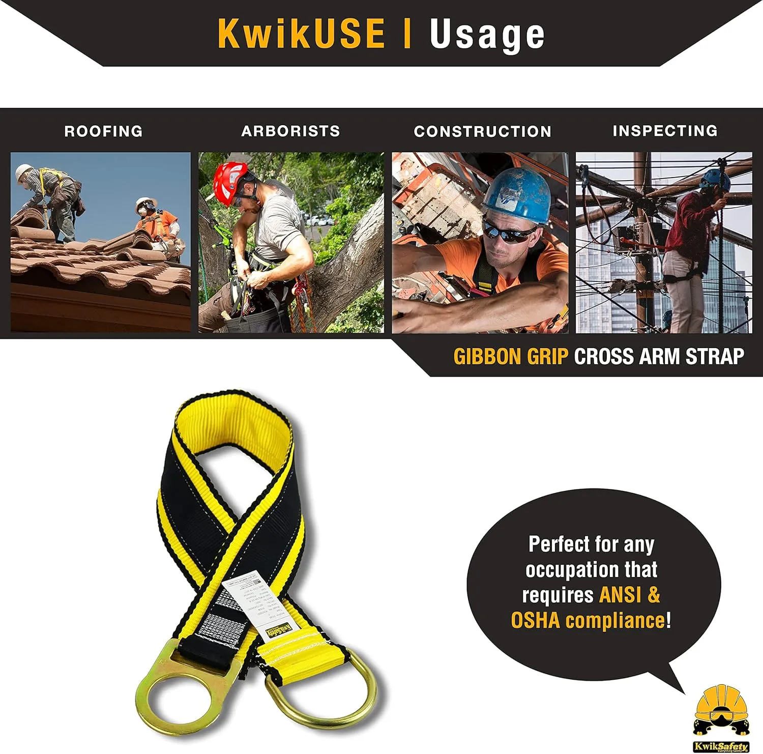 KwikSafety - Charlotte, NC - Gibbon Grip 3 ft [System] Anchor Cross Arm Strap, 10’ Self Retracting Lifeline 6’ Safety Lanyard 3 D-Ring Harness 10 lb Tool Lanyard Fall Arrest OSHA ANSI