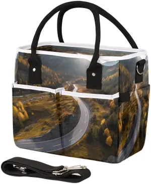 Landscape Highway with Mountain Insulated Lunch Bag for Women Men Adults, Lunch Box with Adjustable Shoulder Strap Large Lunchs Tote Bag for Work Picnic Camping
