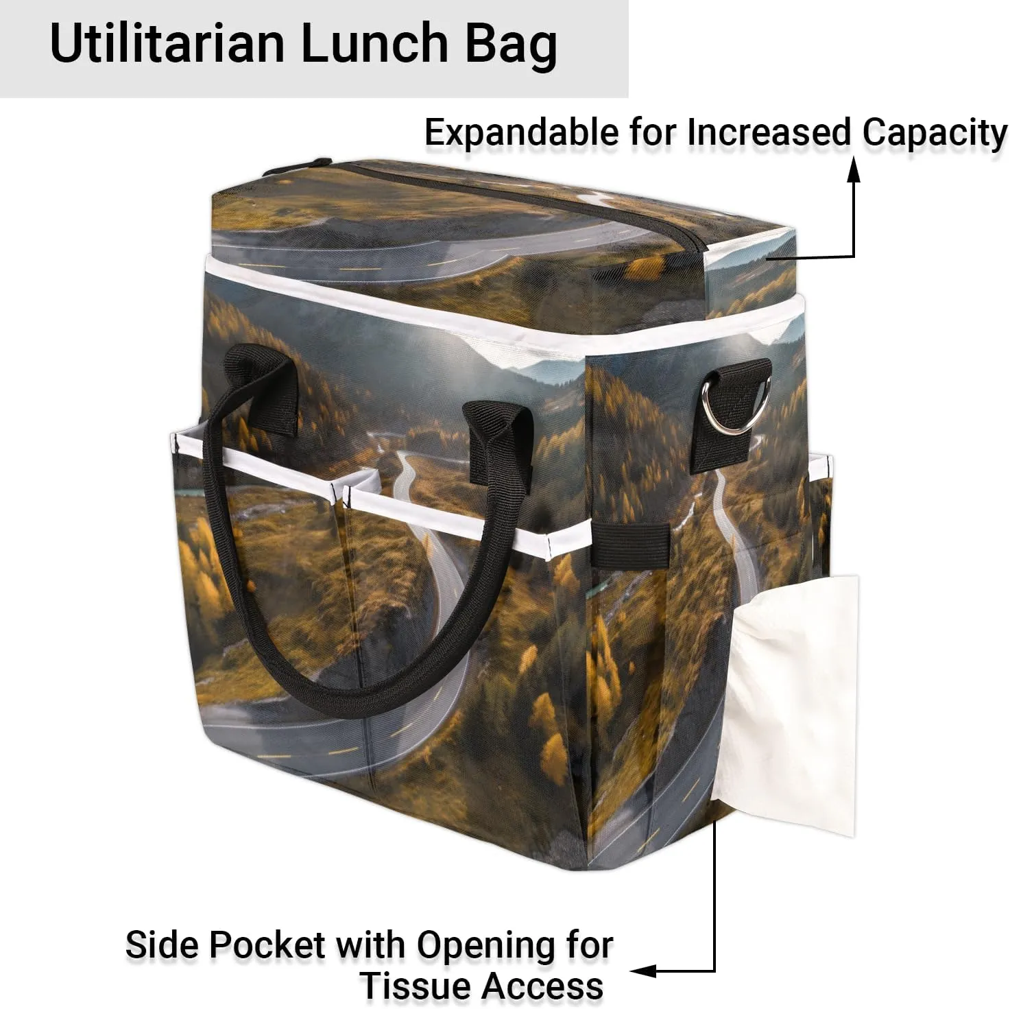 Landscape Highway with Mountain Insulated Lunch Bag for Women Men Adults, Lunch Box with Adjustable Shoulder Strap Large Lunchs Tote Bag for Work Picnic Camping