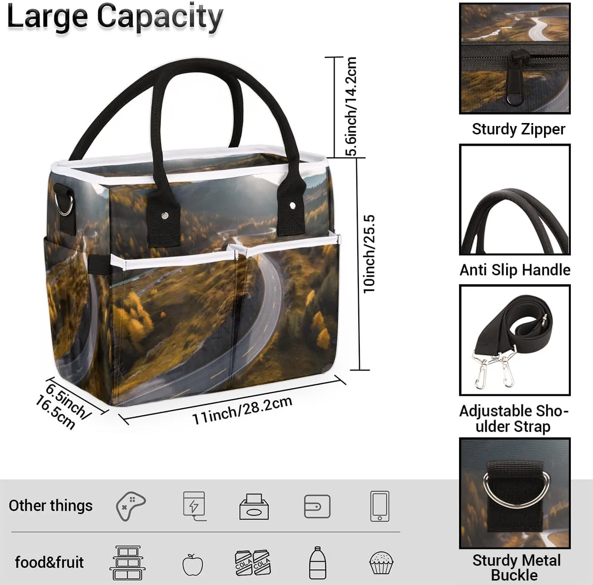 Landscape Highway with Mountain Insulated Lunch Bag for Women Men Adults, Lunch Box with Adjustable Shoulder Strap Large Lunchs Tote Bag for Work Picnic Camping