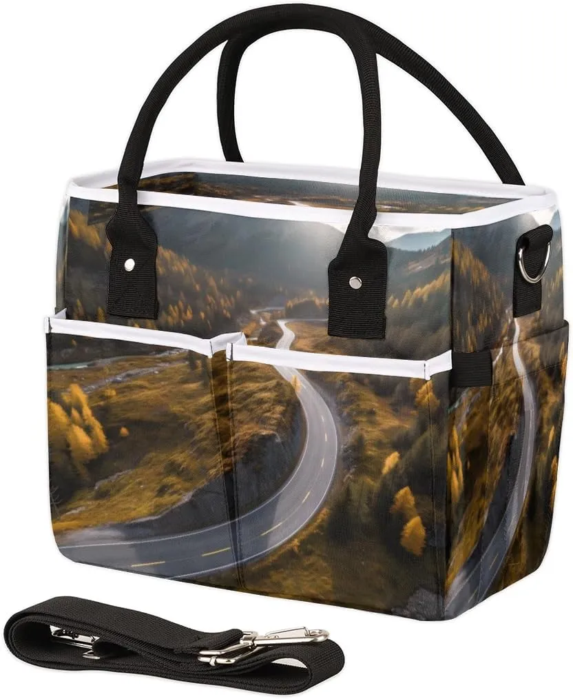 Landscape Highway with Mountain Insulated Lunch Bag for Women Men Adults, Lunch Box with Adjustable Shoulder Strap Large Lunchs Tote Bag for Work Picnic Camping