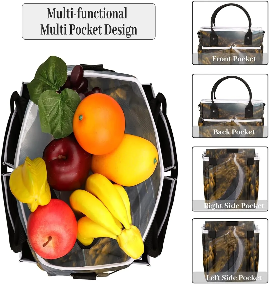 Landscape Highway with Mountain Insulated Lunch Bag for Women Men Adults, Lunch Box with Adjustable Shoulder Strap Large Lunchs Tote Bag for Work Picnic Camping