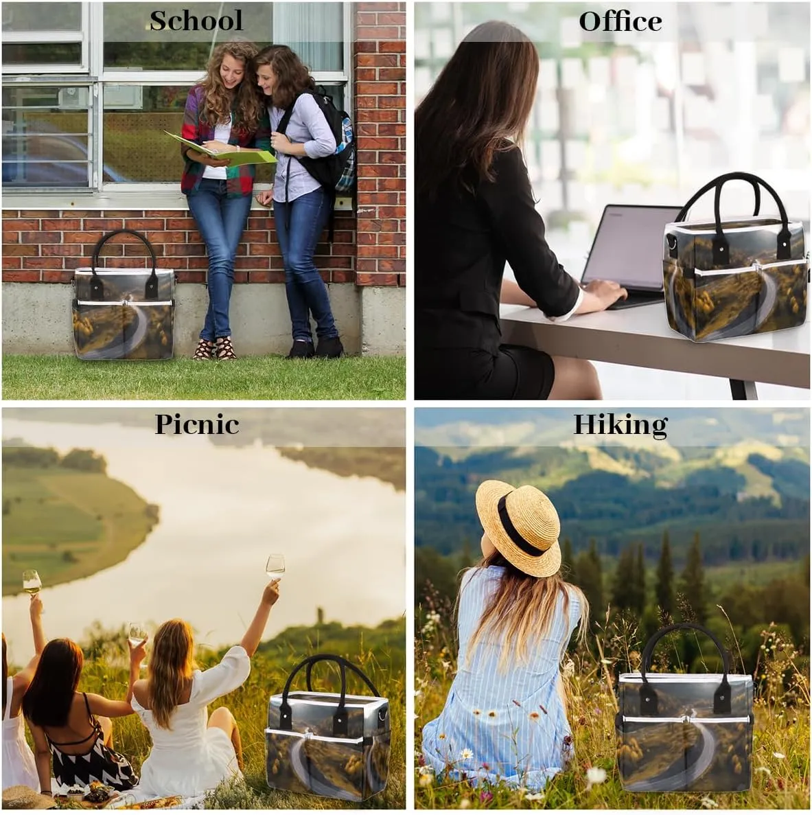 Landscape Highway with Mountain Insulated Lunch Bag for Women Men Adults, Lunch Box with Adjustable Shoulder Strap Large Lunchs Tote Bag for Work Picnic Camping