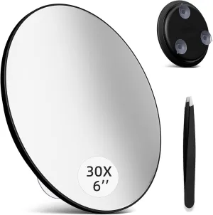 Large 6” 30x Magnifying Mirror with Tweezers, Travel Magnified Mirror 30x with Suction Cups, High Magnification Travel Magnifying Mirror 30x, Round Magnified Make up Mirror, Black