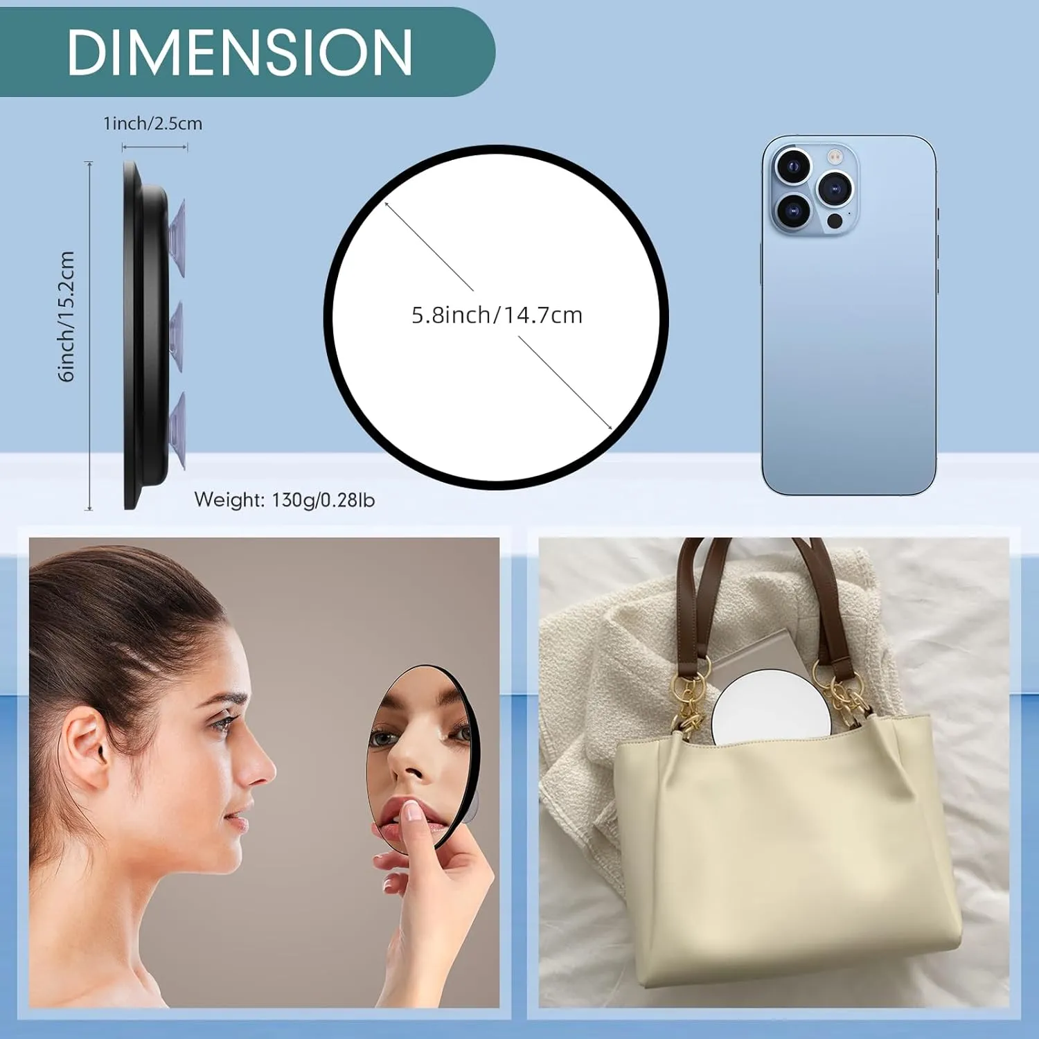 Large 6” 30x Magnifying Mirror with Tweezers, Travel Magnified Mirror 30x with Suction Cups, High Magnification Travel Magnifying Mirror 30x, Round Magnified Make up Mirror, Black