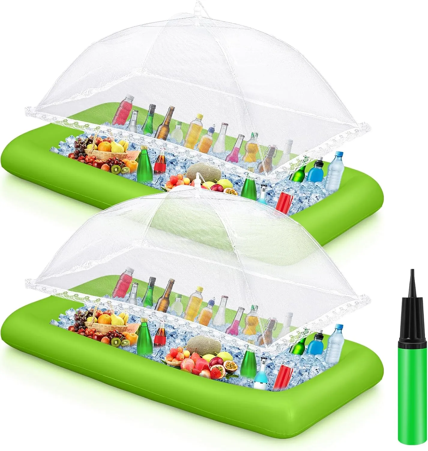 Leitee Inflatable Serving Bar Kit Includes Salad Buffet Tray with Drain Plug Mesh Food Cover Food Drink Containers and Inflator for Ice Supplies Summer Party Camping Picnic(Green)