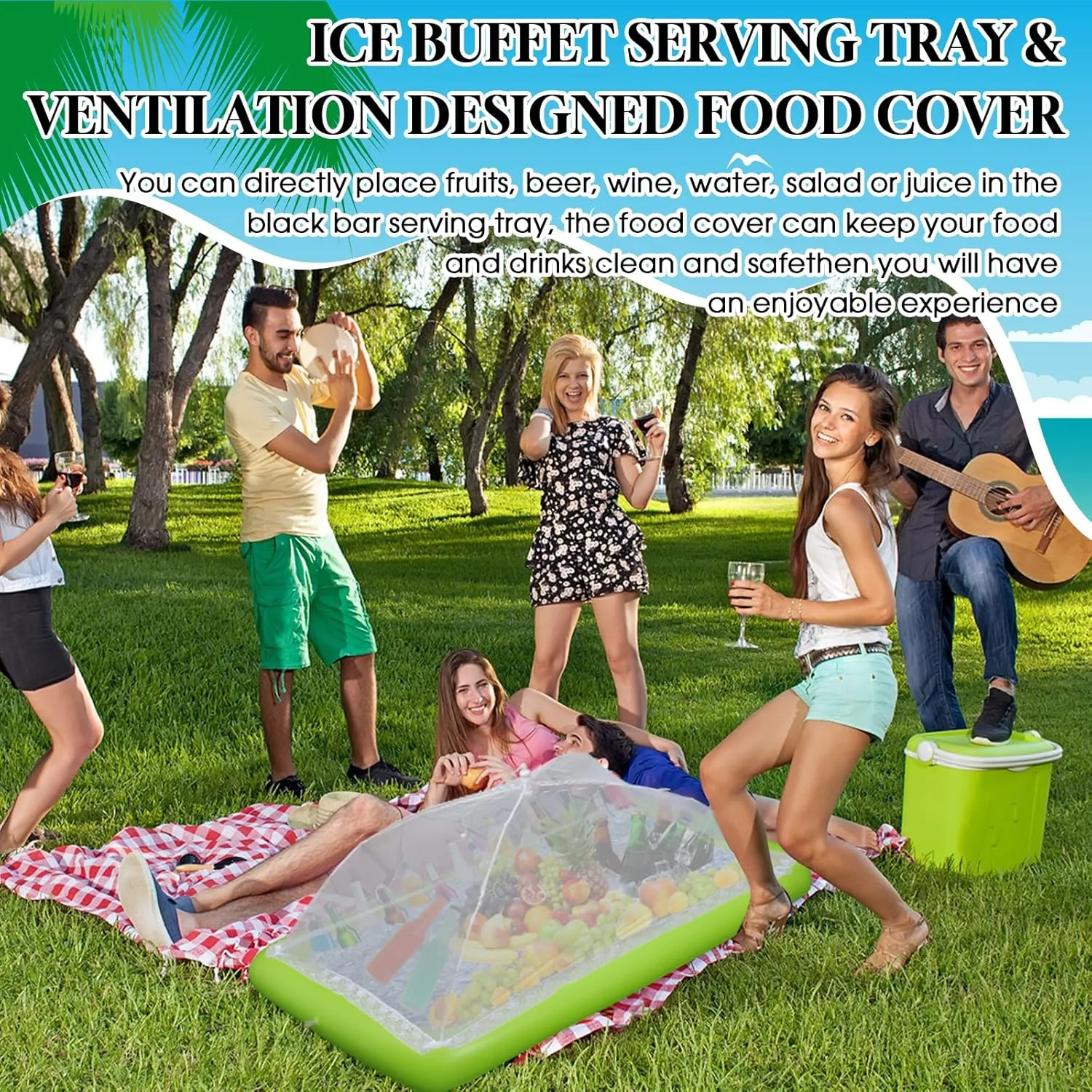 Leitee Inflatable Serving Bar Kit Includes Salad Buffet Tray with Drain Plug Mesh Food Cover Food Drink Containers and Inflator for Ice Supplies Summer Party Camping Picnic(Green)