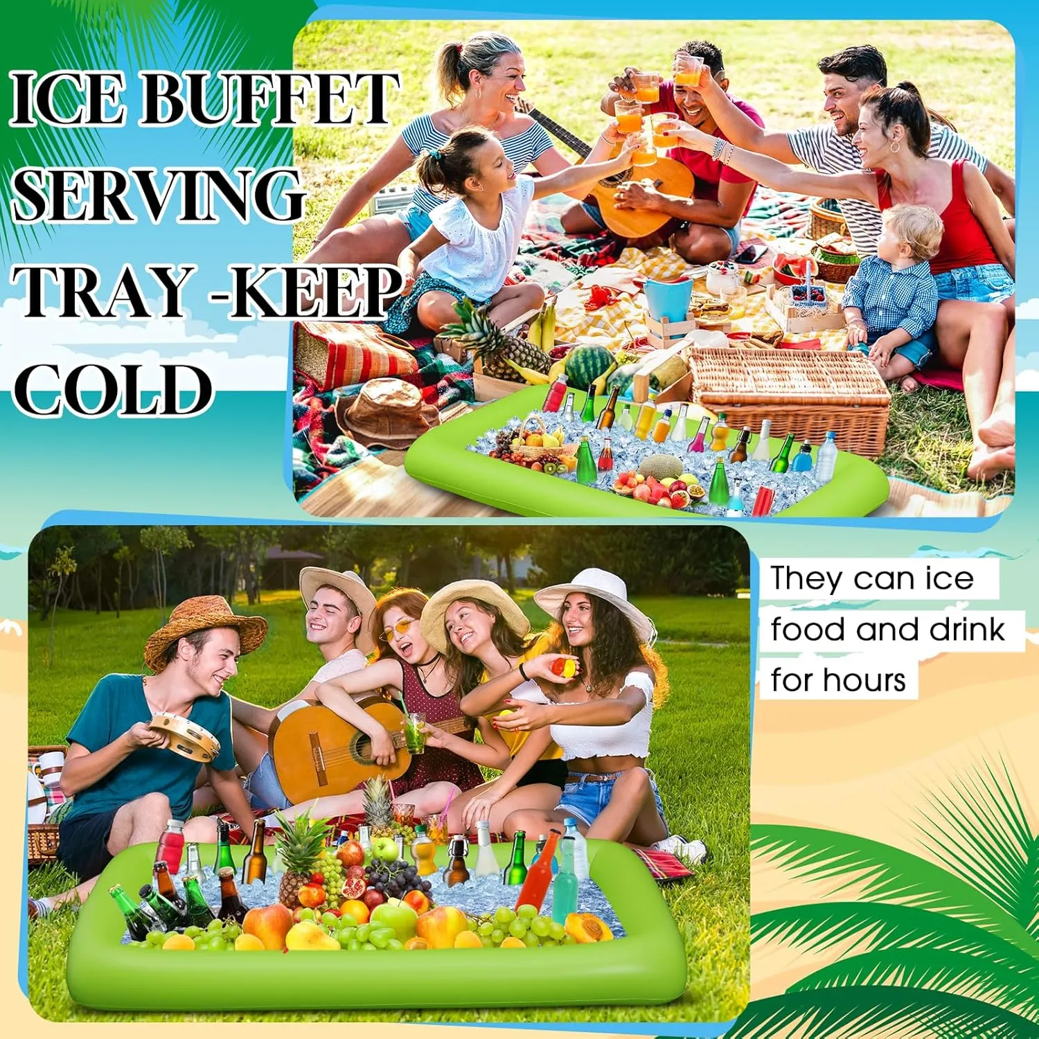 Leitee Inflatable Serving Bar Kit Includes Salad Buffet Tray with Drain Plug Mesh Food Cover Food Drink Containers and Inflator for Ice Supplies Summer Party Camping Picnic(Green)