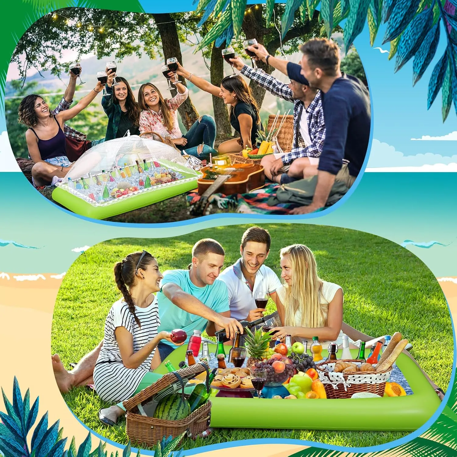 Leitee Inflatable Serving Bar Kit Includes Salad Buffet Tray with Drain Plug Mesh Food Cover Food Drink Containers and Inflator for Ice Supplies Summer Party Camping Picnic(Green)