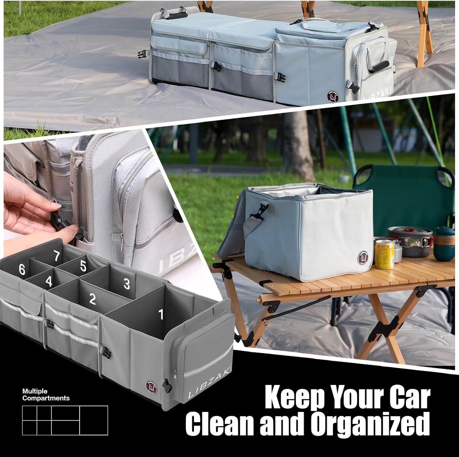 LIBZAKI Oversize 4 in 1 Car Trunk Storage Organizer, Multi Compartment Collapsible Trunk Storage Box with Cooler Bag for Car Truck SUV-Gray