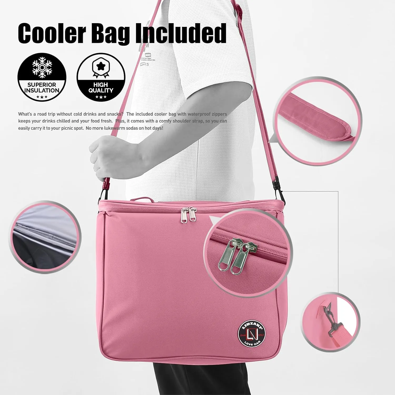 LIBZAKI Oversize 4 in 1 Car Trunk Storage Organizer, Multi Compartment Collapsible Trunk Storage Box with Cooler Bag for Car Truck SUV-Pink