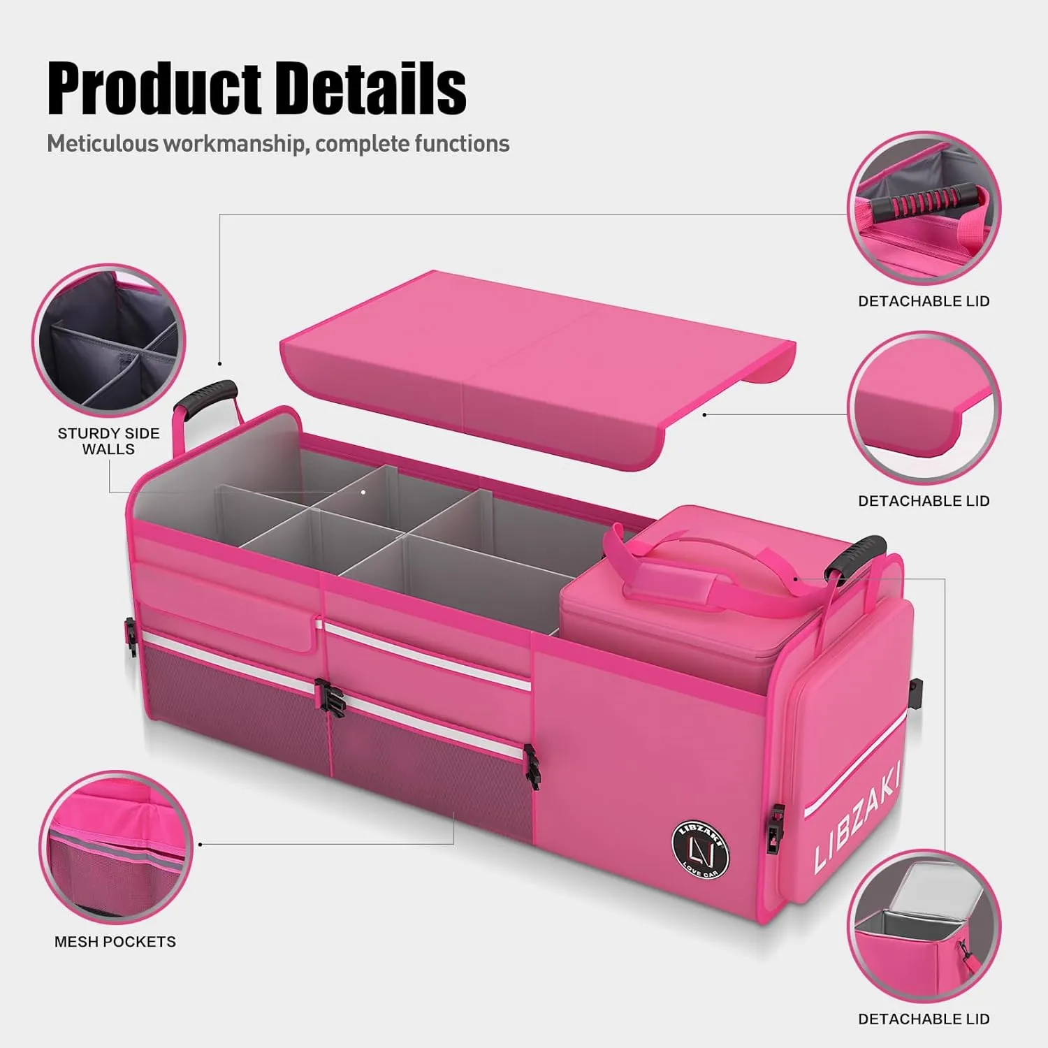 LIBZAKI Oversize 4 in 1 Car Trunk Storage Organizer, Multi Compartment Collapsible Trunk Storage Box with Cooler Bag for Car Truck SUV-Rose red