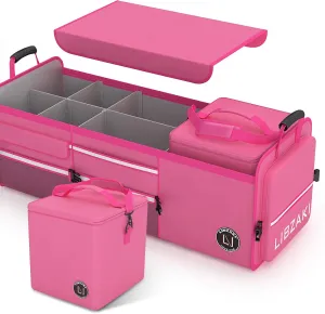 LIBZAKI Oversize 4 in 1 Car Trunk Storage Organizer, Multi Compartment Collapsible Trunk Storage Box with Cooler Bag for Car Truck SUV-Rose red