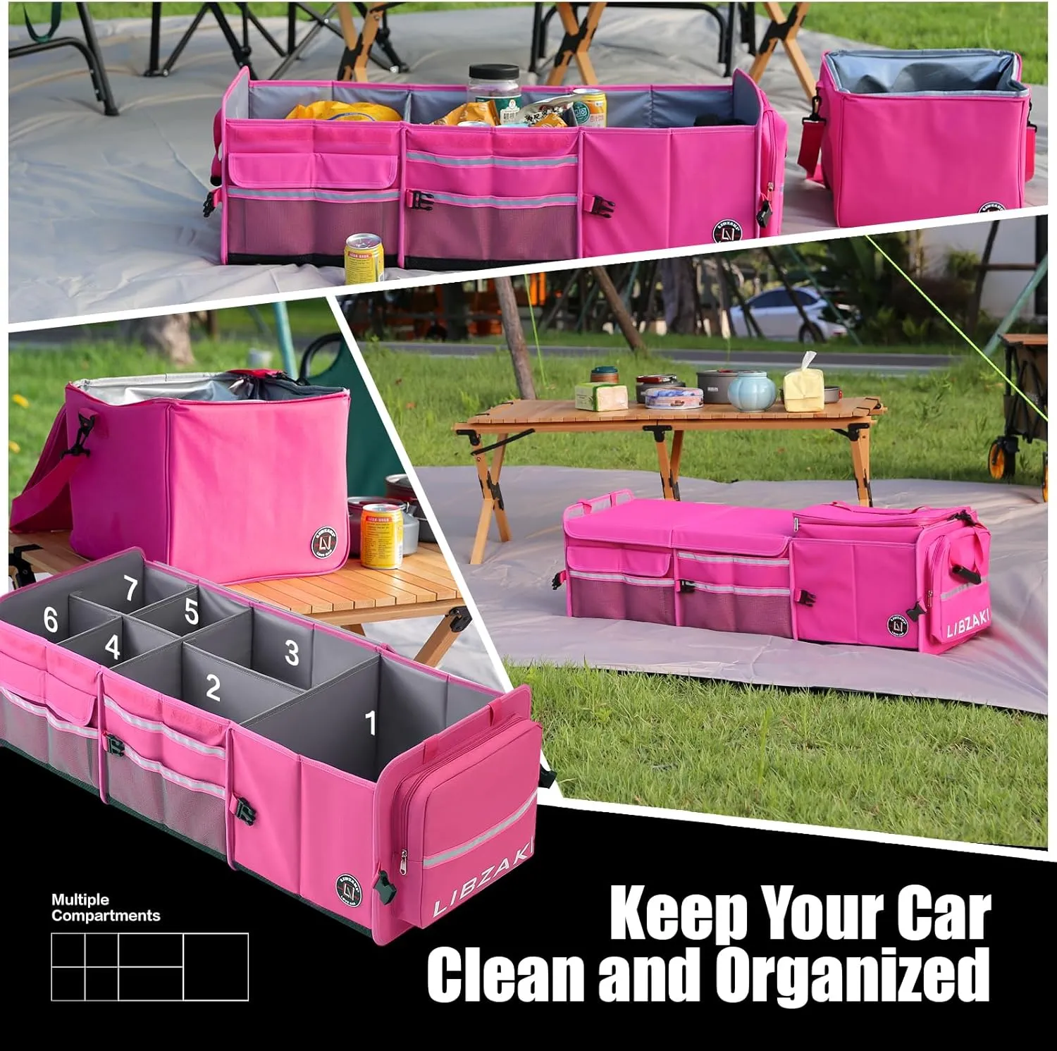 LIBZAKI Oversize 4 in 1 Car Trunk Storage Organizer, Multi Compartment Collapsible Trunk Storage Box with Cooler Bag for Car Truck SUV-Rose red