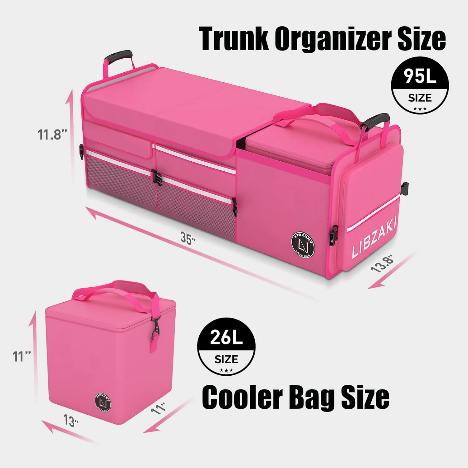 LIBZAKI Oversize 4 in 1 Car Trunk Storage Organizer, Multi Compartment Collapsible Trunk Storage Box with Cooler Bag for Car Truck SUV-Rose red