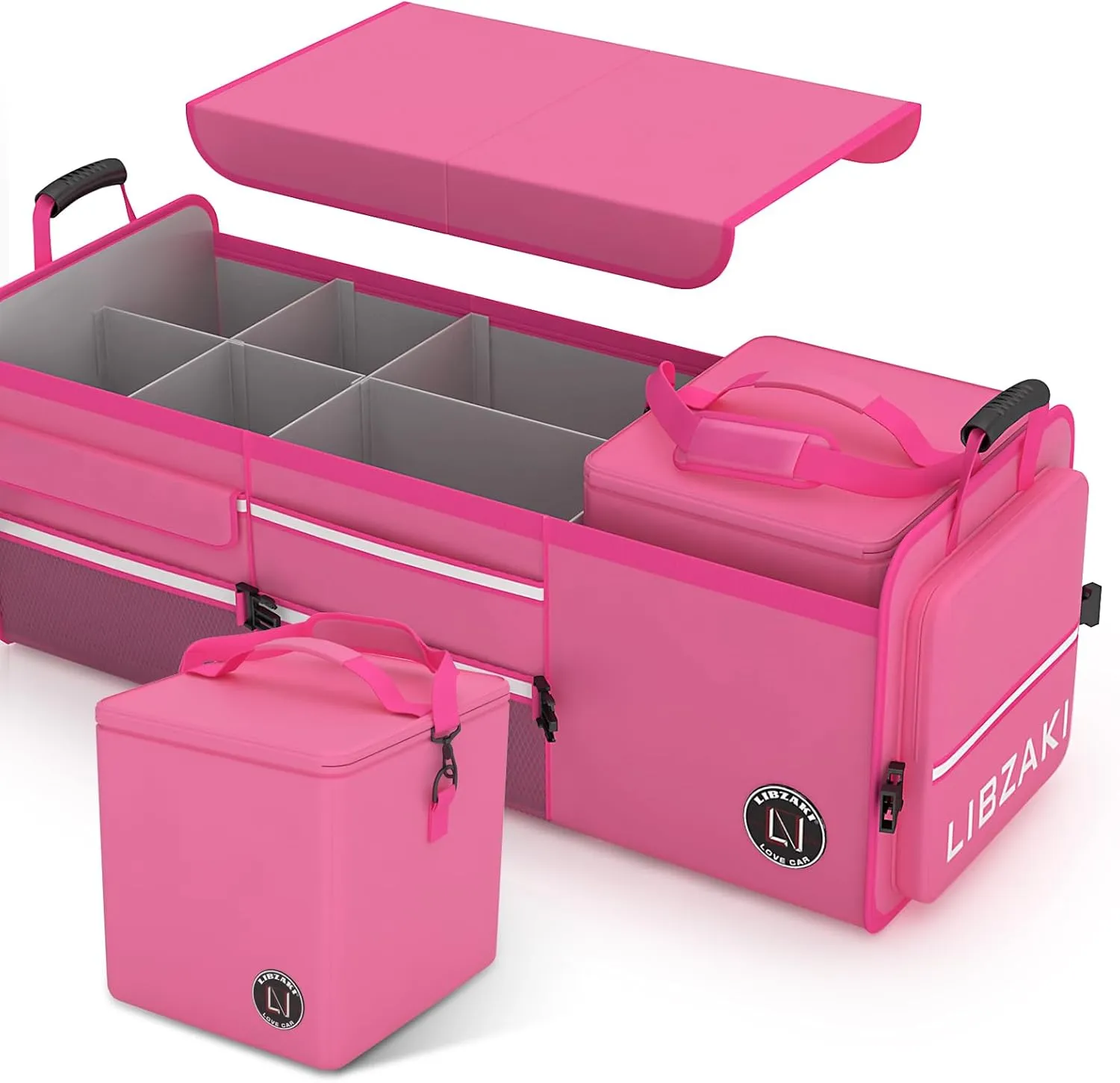 LIBZAKI Oversize 4 in 1 Car Trunk Storage Organizer, Multi Compartment Collapsible Trunk Storage Box with Cooler Bag for Car Truck SUV-Rose red