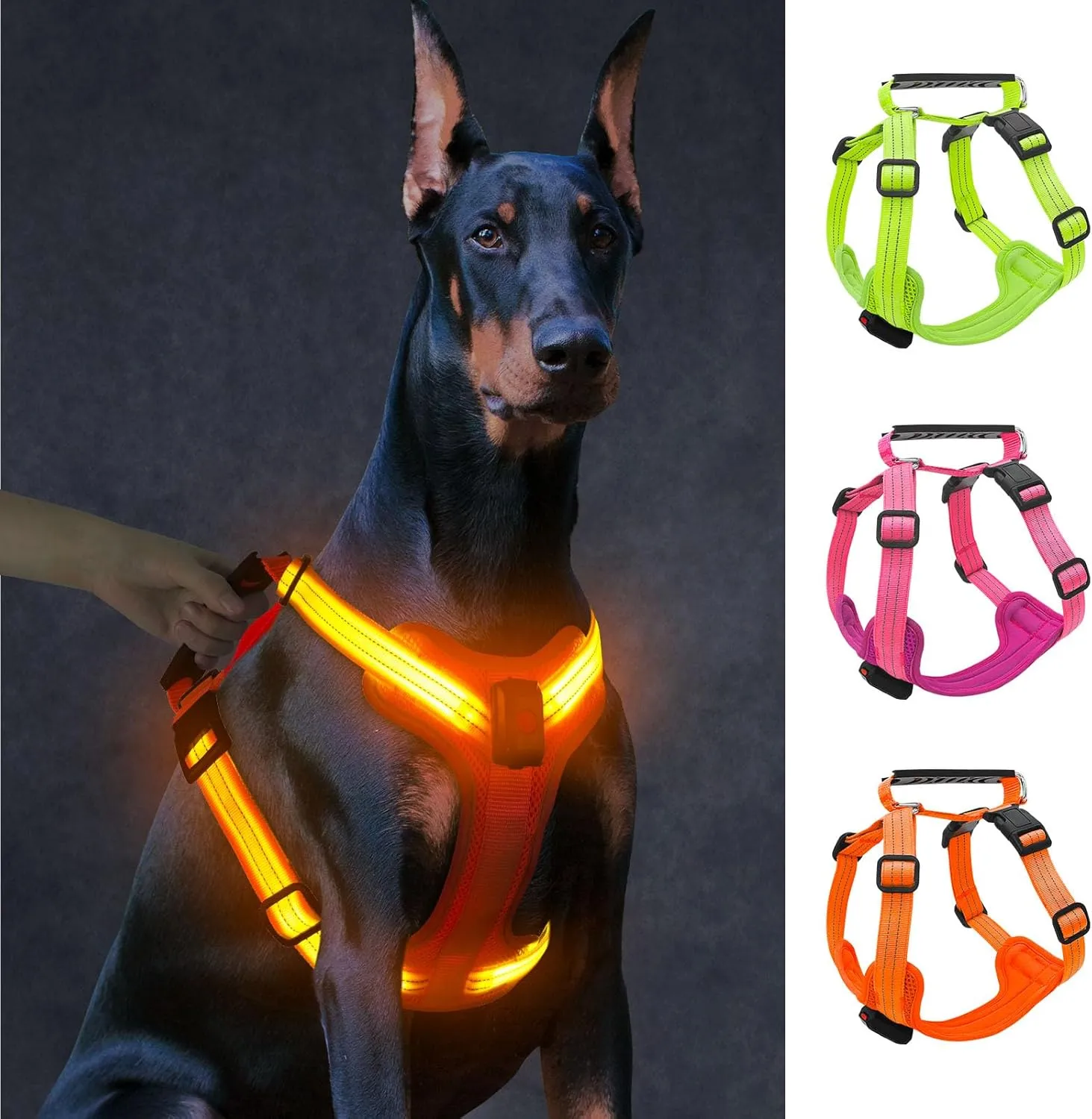 Light Up Dog Harness, Led No Pull Dog Harness with Handle Reflective Glow-in-The-Dark for Night Walking, USB Rechargeable Lighted Vest for Medium Large Dogs, Adjustable Soft Illuminated (Orange, L)