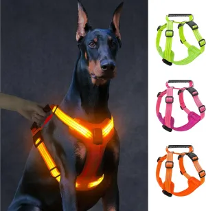 Light Up Dog Harness, Led No Pull Dog Harness with Handle Reflective Glow-in-The-Dark for Night Walking, USB Rechargeable Lighted Vest for Medium Large Dogs, Adjustable Soft Illuminated (Orange, L)
