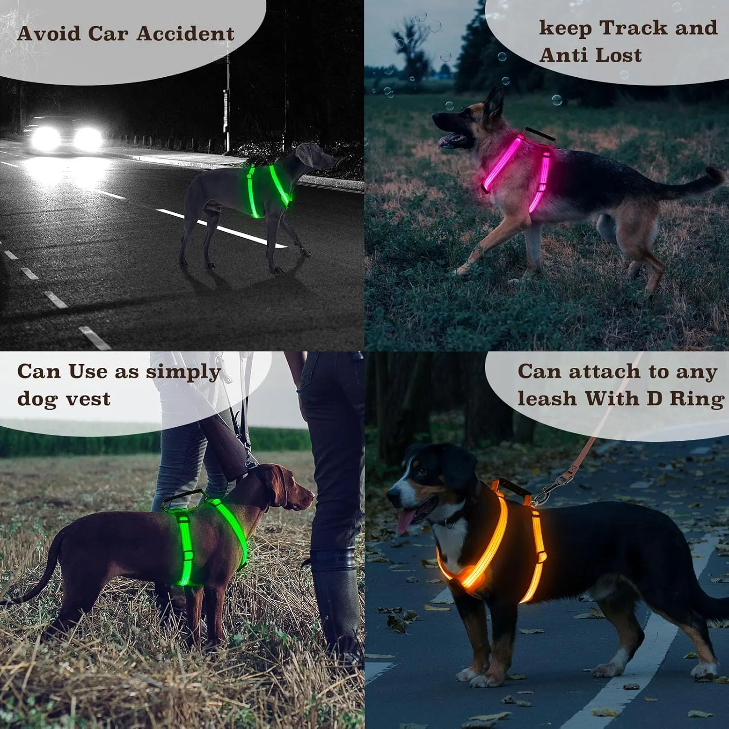 Light Up Dog Harness, Led No Pull Dog Harness with Handle Reflective Glow-in-The-Dark for Night Walking, USB Rechargeable Lighted Vest for Medium Large Dogs, Adjustable Soft Illuminated (Orange, L)