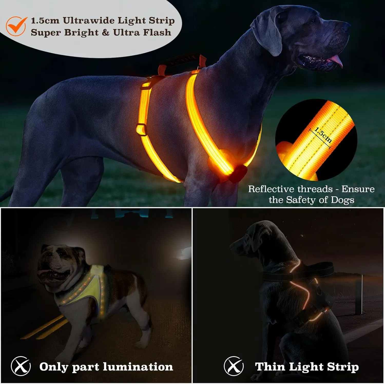 Light Up Dog Harness, Led No Pull Dog Harness with Handle Reflective Glow-in-The-Dark for Night Walking, USB Rechargeable Lighted Vest for Medium Large Dogs, Adjustable Soft Illuminated (Orange, L)