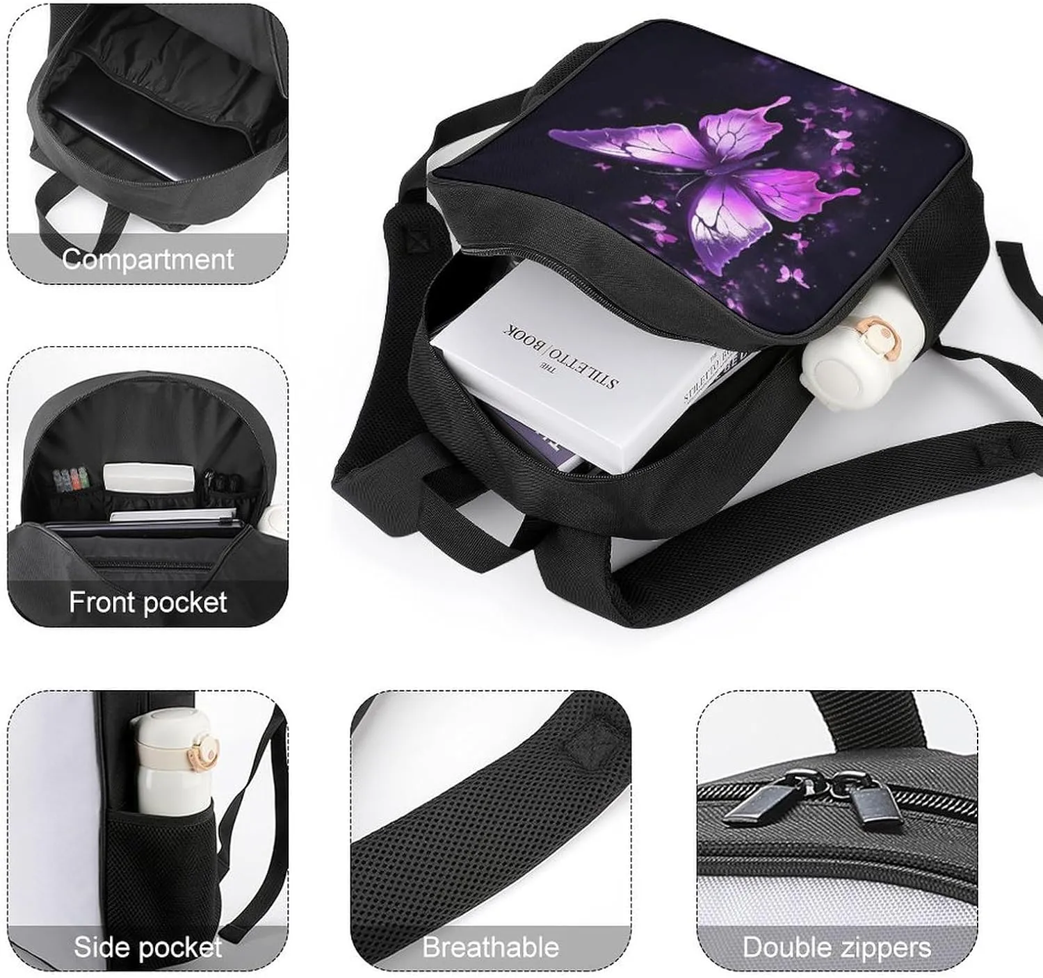Lightweight Backpacks Cute Travel Bag Durable Butterfly Purple Printing Small Travel Backpack For Women & Men